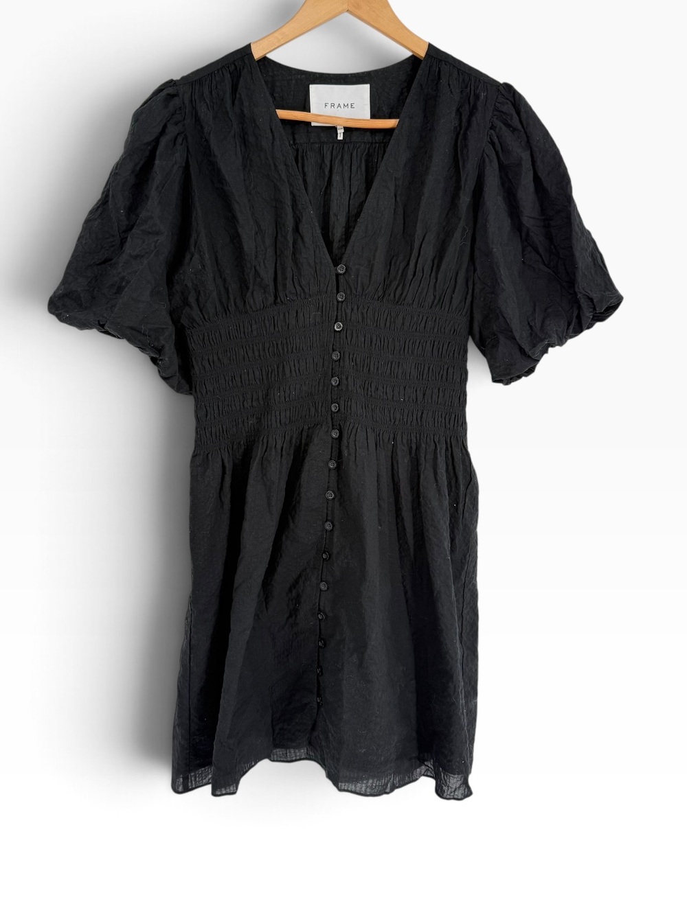 Frame Women's Size M Black Smocked Button Front  Mini Dress Puff Sleeves Cotton